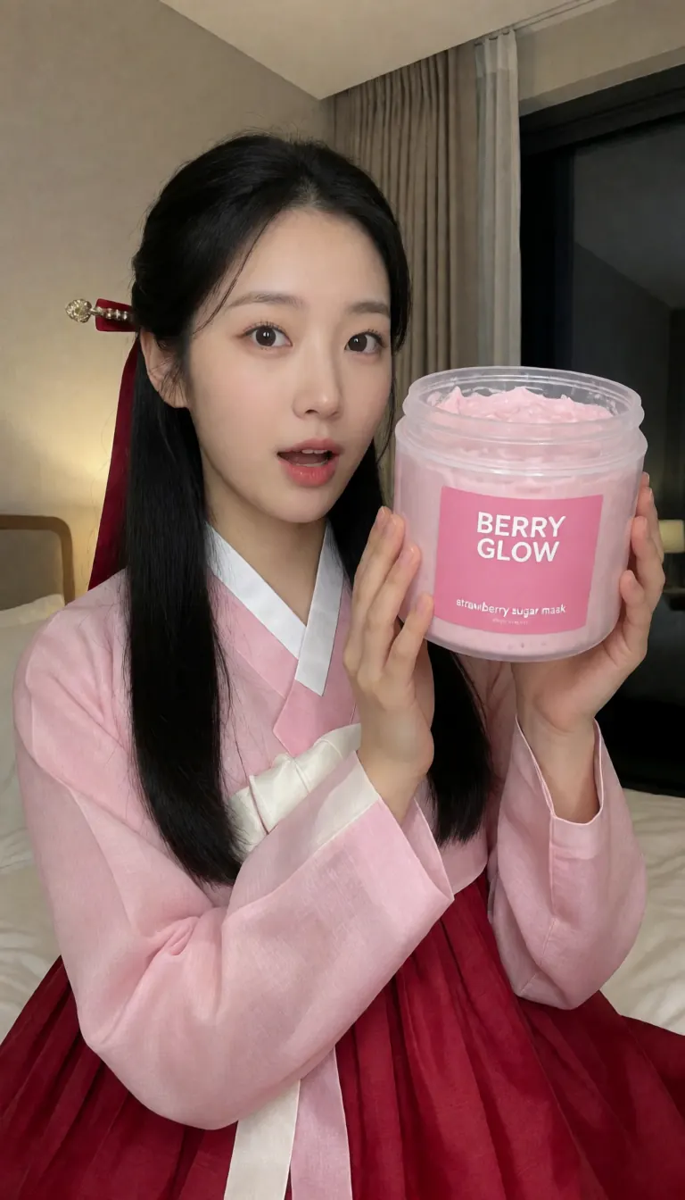 The same fictional character Seo-yeon in her hanbok and red ribbon, holding up a large pink tub labelled BERRY GLOW, a made-up skincare brand