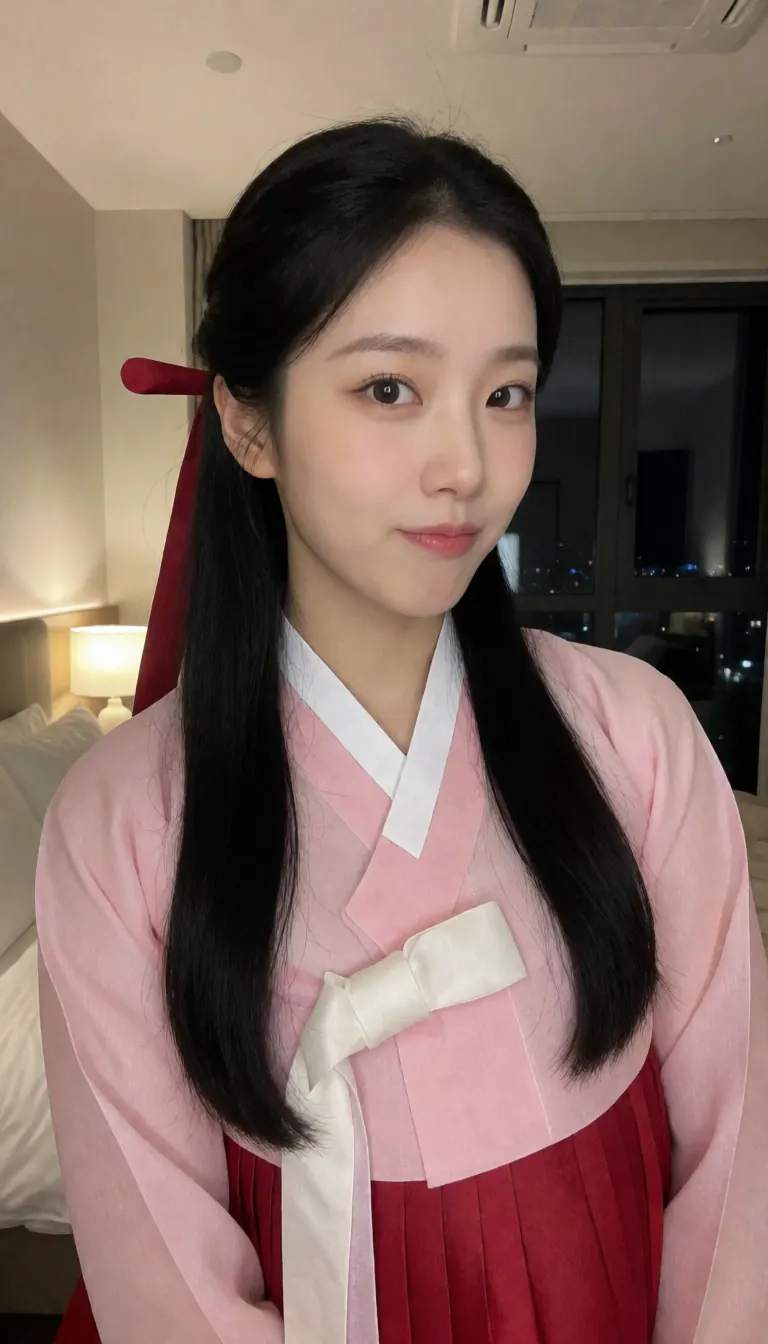 Seo-yeon, a fictional AI character: a young Korean woman with long black hair tied half-up with a red ribbon, wearing a pastel pink and deep red hanbok