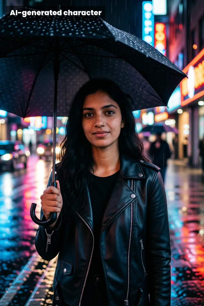 An AI character photo with a visible “AI-generated character” label in the corner