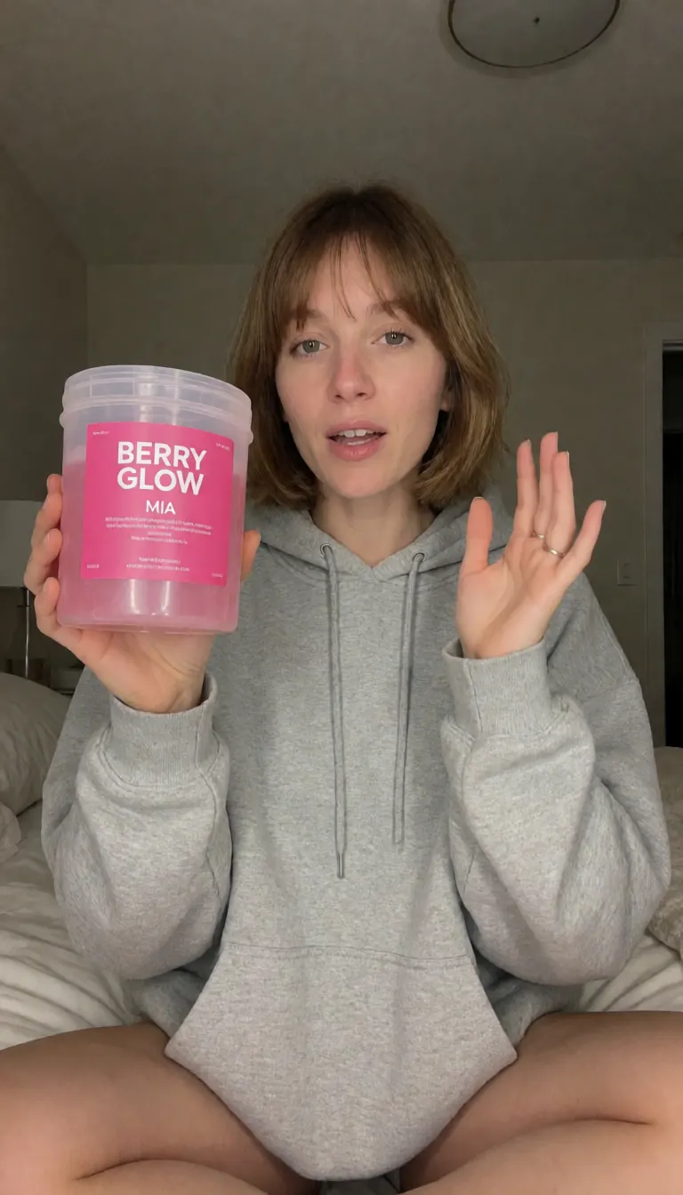 Mia, a fictional AI character with a light brown bob and bangs in an oversized grey hoodie, sitting on her bed holding a pink tub of the made-up brand BERRY GLOW