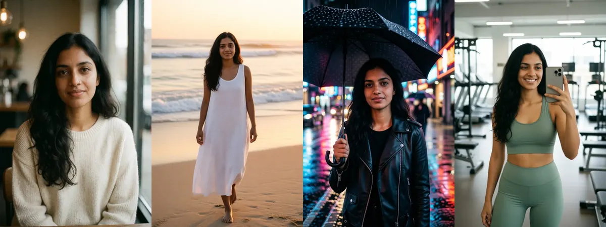 Four images of the same fictional character Aanya in different outfits: cream sweater in a cafe, white linen dress on a beach, leather jacket on a rainy street, and green gym set