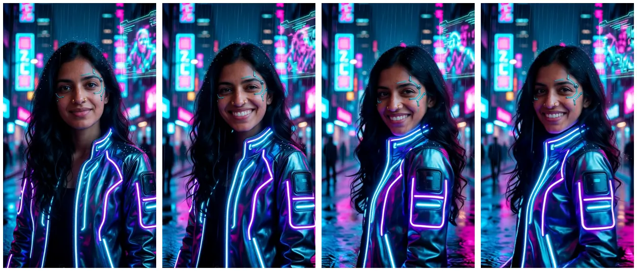 Four frames from a Wan 2.2 clip of AI character Aanya in a neon cyberpunk jacket on a rainy street, turning toward the camera and smiling
