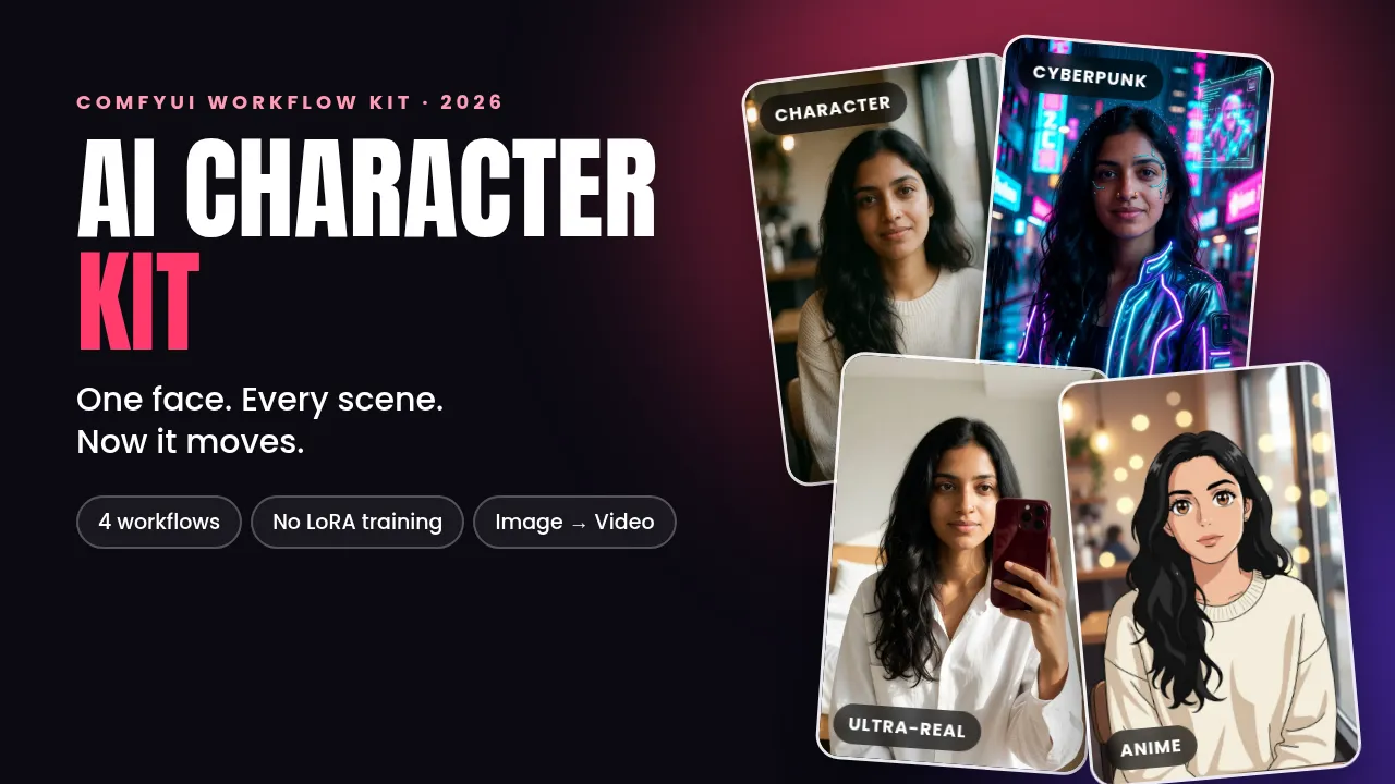 AI Character Kit cover: one character, every scene, with the same face in cafe, cyberpunk, ultra-real and anime versions