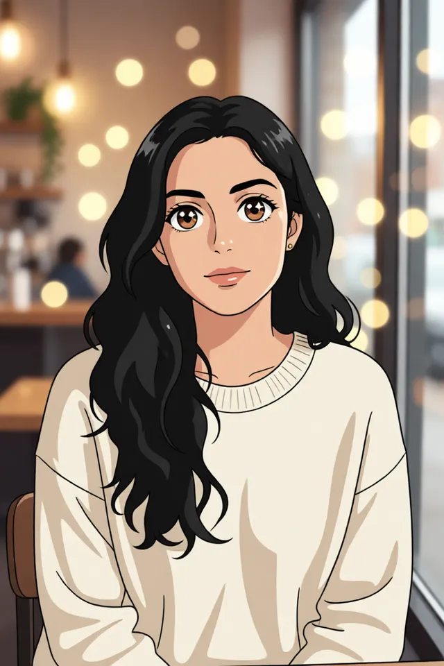 The same fictional character redrawn as a 2D anime character in the same cafe