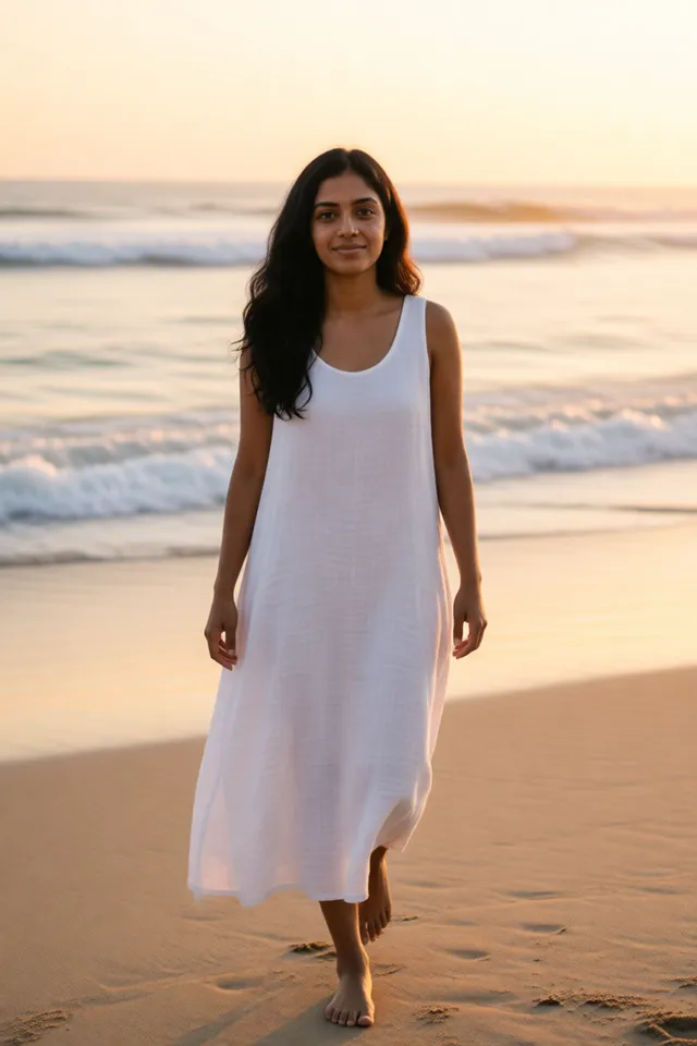 The same fictional character walking on a beach at golden hour in a white linen dress